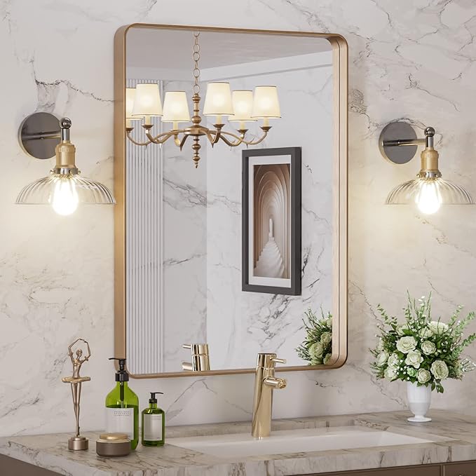 LOAAO 22”X30” Gold Bathroom Mirror, Rounded Rectangle Gold Frame Mirror, Brushed Gold Bathroom Vanity Mirror Wall-Mounted, Anti-Rust, Hangs Horizontally or Vertically