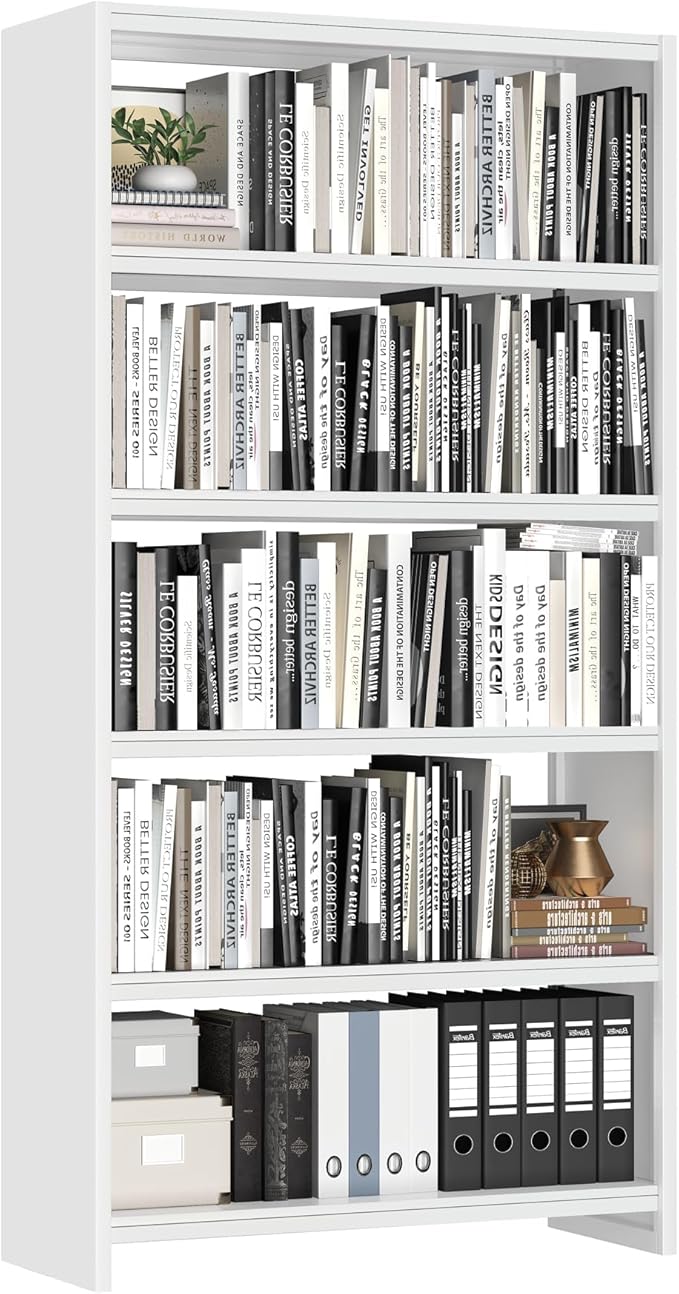 5-Tier Bookshelf, White Bookshelf with Storage Shelves, Metal Bookshelves, 69" Tall Bookcase for Living Room, Library, Office, Bedroom, Including Book Stopper,Simple Assembly