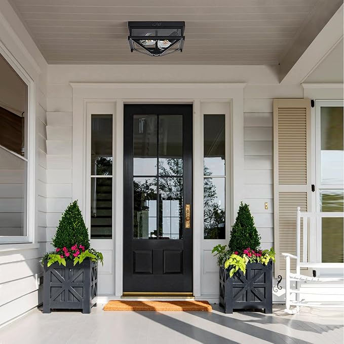 Motion Sensor Outdoor Flush Mount Ceiling Light, Modern Farmhouse Ceiling Lights with Clear Glass, Matte Black Industrial Iron Light Fixtures for Entryway Garage Hallway Patio Porch