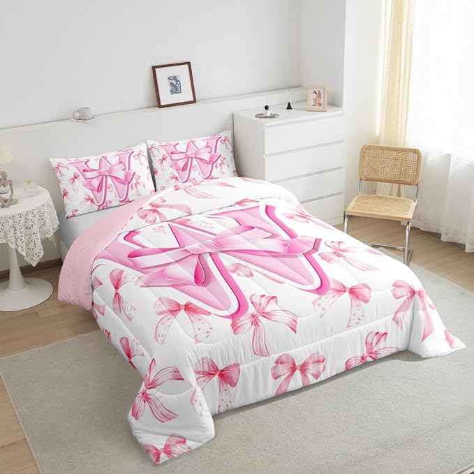 jejeloiu Kids Girls Cute Pink Bow Comforter Set Toddler Size Monogrammed Bedding Set Ultra Soft Personalized Initial W Duvet Quilt Coquette Bow Knot Quilt Set Room Decor Modern Fashion Comforter