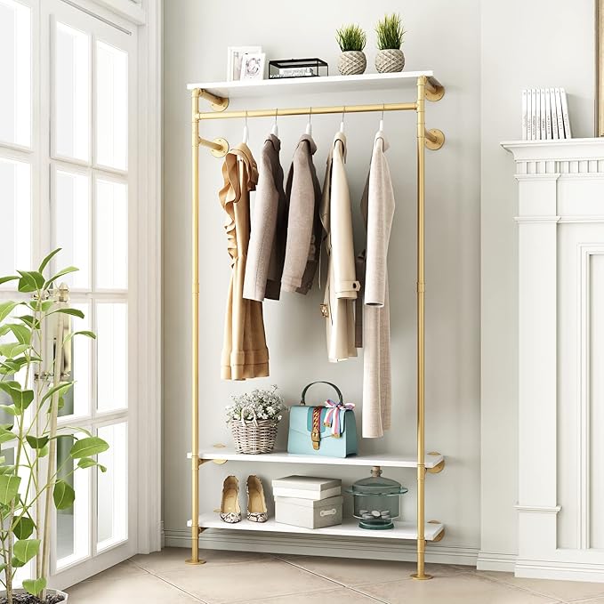 Gold Wall Clothing Racks with White Shelves, Wall Mounted Gold Clothes Rack for Hanging Rods，Heavy Duty Industrial Pipe Clothing Racks With Shelves Retail Display Garment Rack for Home