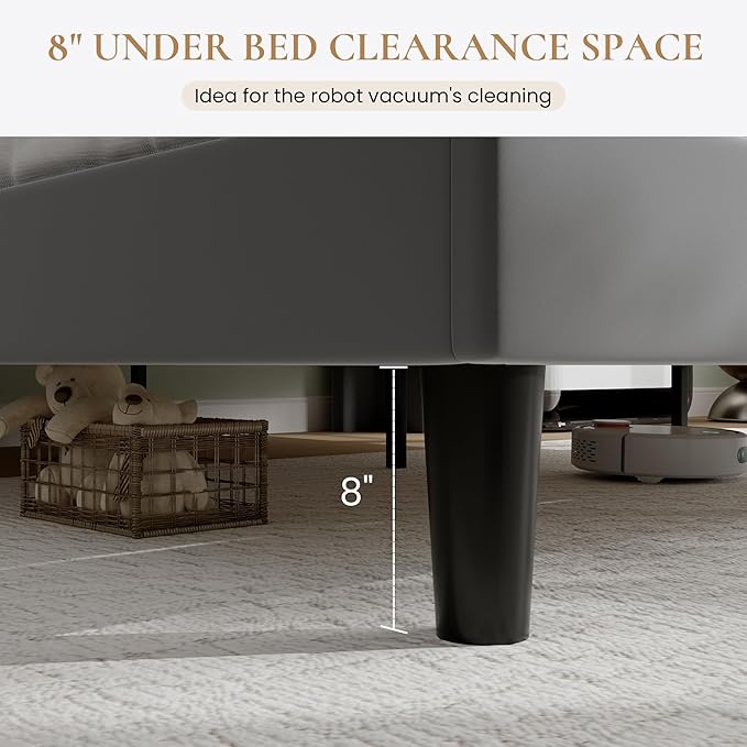 SHA CERLIN Queen Size Platform Bed Frame with Charging Station, Velvet Wingback Headboard with Storage Shelf, Wooden Slats Support, Ample Under-Bed Space, No Box Spring Needed, Easy Assembly, Grey