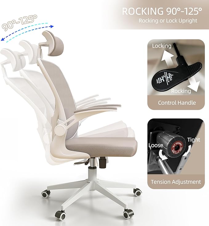 Ergonomic Office Chair, High Back Desk Chair with 2D Headrest, Mesh Office Chair with Flip-Up Arms, Up&Down Lumbar Support, 90-135° Tilt Lock Big and Tall Computer Desk Chairs for Office Home