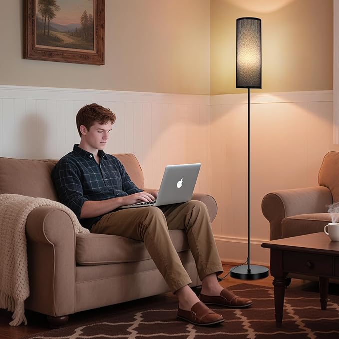 FRIDEKO HOME Floor Lamp with Black Shade, Simple Design with Foot Pedal Switch, Small Tall Lamps for Living Room Bedroom Office, Corner Floor Stand Light with Black Pole Lamp (No Bulb/No Remote)