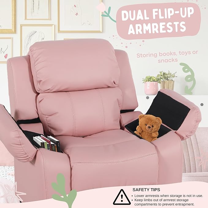 JC Home Macaron Kids Reclining Chair Leather Recliner Sofa Push Back Toddler Youth Children Child Ages 2-8