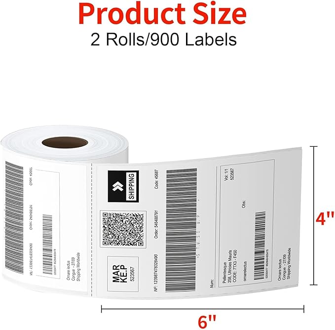 Direct Thermal Labels 4x6-450 Labels/Roll, Thermal Shipping Labels for Zebra 2844 ZP-450 ZP-500 ZP-505,2 Rolls,900 Labels(NOT for DYMO)