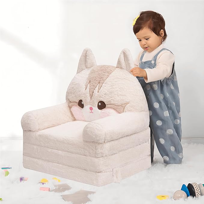 MONKISS Kids Couch, Comfy Toddler Chair, 2 in 1 Fold Out Kids Sofa to Lounger, Baby Sleeper Chair, Toddler Furniture, Birthday Gifts for Boys and Girls, 1~4 Years Old, Cute Cat