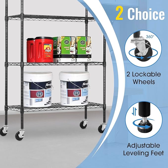 PayLessHere 4-Tier Adjustable Shelf Shelving Unit Shelves Shelf Heavy Duty Storage Steel Organizer Wire Rack (1400 lbs Loading Capacity) with Wheels Multi-Function Easy Assembly,Black