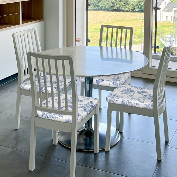 Seat Covers for Dining Room Chairsset of Set of 6, Blue White Floral Butterfly Flower French Stretch Chair Seat Covers Cushion Slipcovers for Kitchen Office