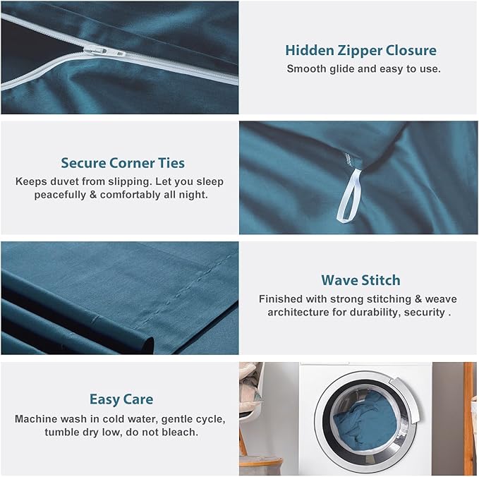 MILDLY 100% Long-Staple Cotton Duvet Cover Peacock Blue Morden Sateen Weave Luxury Comforter Cover Set King Size with Zipper Closure & Corner Tie (No Comforter)