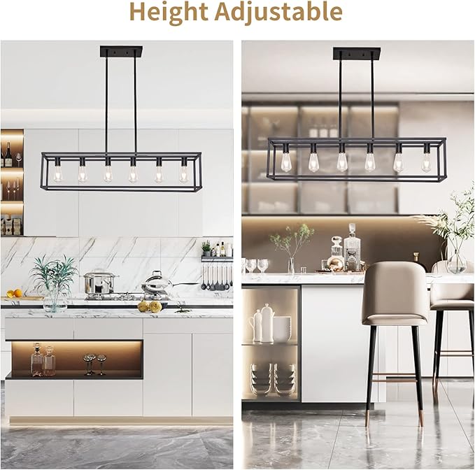 Farmhouse Rectangle Chandeliers for Dining Rooms, Kitchen Fixture Lights Pendant Lights Kitchen Island Black 6-Light Industrial Pendant Lighting for Kitchen Island