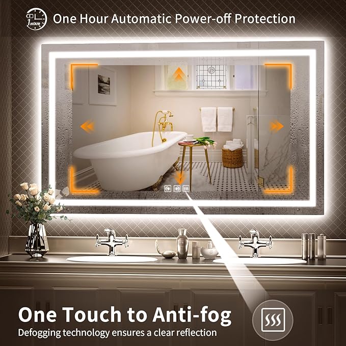 LED Mirror for Bathroom, 60x36 Inch Backlit + Front Lighted Bathroom Vanity Mirror with Lights for Wall, Double Light Strips, 3 Colors, Shatter-Proof, Anti-Fog and Brightness Memory