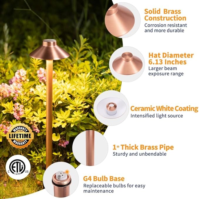 Solid Brass Copper Path Lights(Hat), 12V AC/DC Waterproof LED Sideway Lights Outdoor, Low Voltage Lighting Wired for Garden Walkway Driveway Garden Yard with 3W 2700K G4 Bulb(4 Pack)