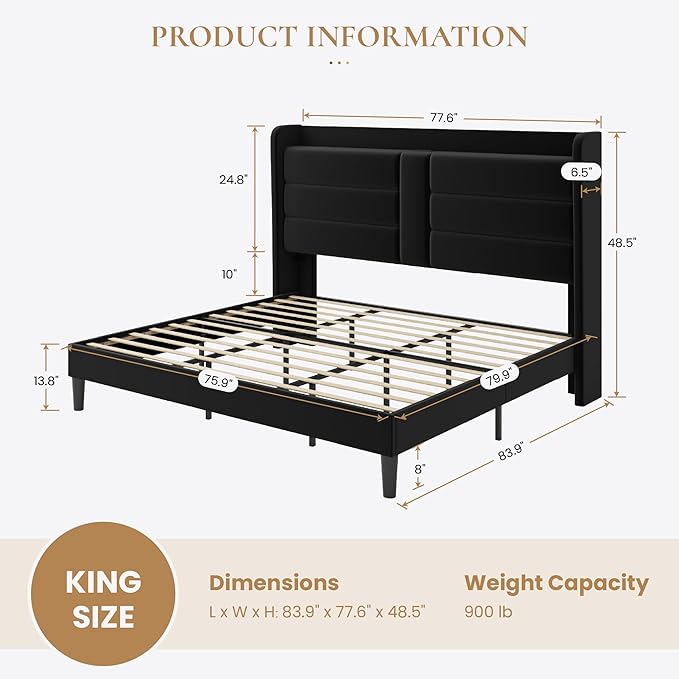 SHA CERLIN King Size Bed Frame with Charging Station & Storage Headboard, Velvet Platform Bed with Upholstered Modern Wingback Design, Wooden Slats Support, No Box Spring Needed, Easy Assembly, Black