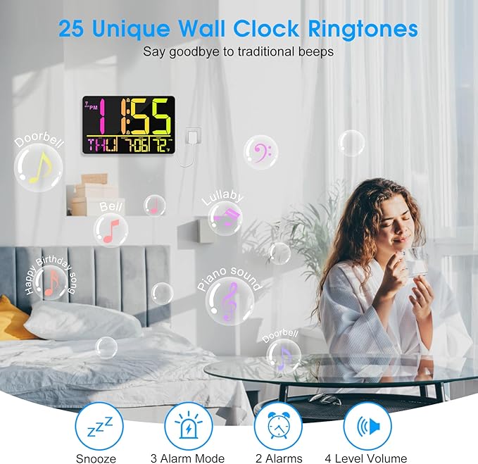 13" Bluetooth Auto Sync Wall Clock- Large Digital Alarm Clock with Remote, RGB Color Changing, 25 Ringtones, Adjustable Brightness, Auto DST, for Living Room, Kitchen, Office, Elderly