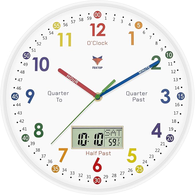 Foxtop Digital and Analog Learning Clock for Kids - Telling Time Teaching Clock 12 Inch Silent Non-Ticking Battery Operated Kids Wall Clock for Kids Room Playroom Nursery Classroom School (White)
