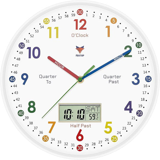 Foxtop Digital and Analog Learning Clock for Kids - Telling Time Teaching Clock 12 Inch Silent Non-Ticking Battery Operated Kids Wall Clock for Kids Room Playroom Nursery Classroom School (White)