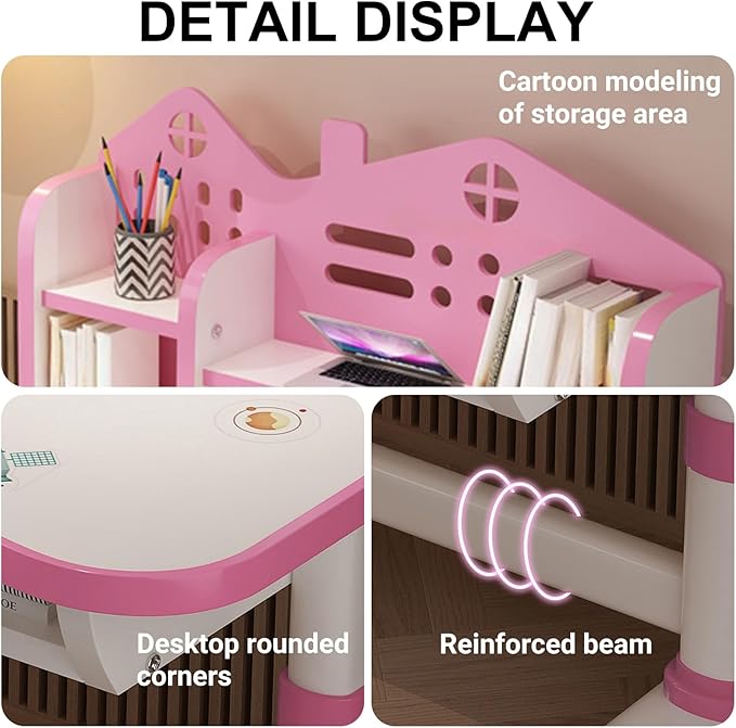Children Learning Desk and Chair Set Pink Desk Set Height Adjustable with Drawers and Storage Compartments Curved Desktop Cartoon Learning Desks and Chairs Reading/Learning/Writing for Girls (Pink)