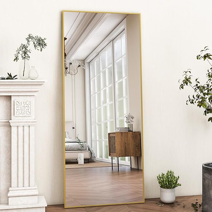 HARRITPURE 21"x56" Full Length Mirror Floor Rectangle Mirrors Aluminum Frame Standing Wall & Leaning Large Dressing Mirror for Living Room Bedroom Cloakroom,Gold