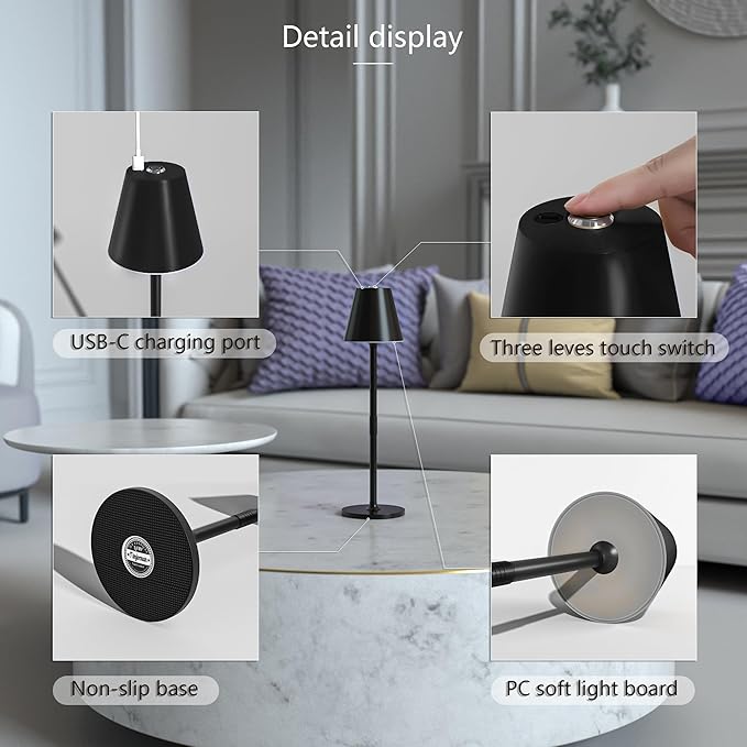 LED CordlessTable Lamp,4000mAh Rechargeable Battery Desk lamp,3 Level Brightness Beside Night Light, Minimalist Design, for Couple Dinner/Coffee Table/Restaurant/Bedroom(Black 4pack)