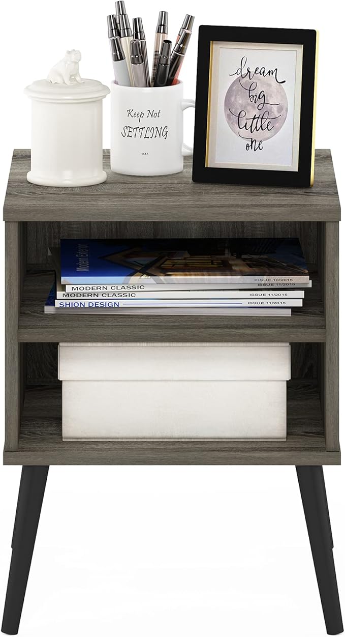 Furinno Claude Mid Century Style End Table with Wood Legs, French Oak Grey