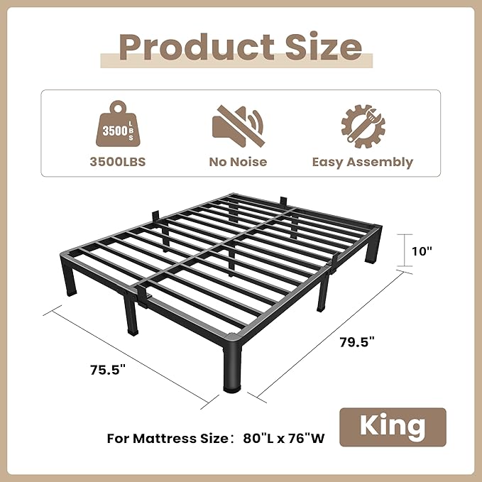 ROIL 10 Inch King Bed Frame with Rounded Corner Low Profile Metal Platform 3500LBS Heavy Duty Steel Slats No Box Spring Needed Noise-Free Easy Assembly