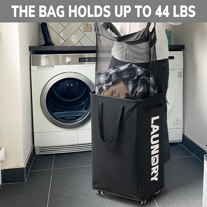 Goodpick Laundry Basket with Wheels, 2-Pack 75L Rolling Laundry Hamper with Removable Wash Bags, Collapsible Laundry Basket for Corner Dorm, Black