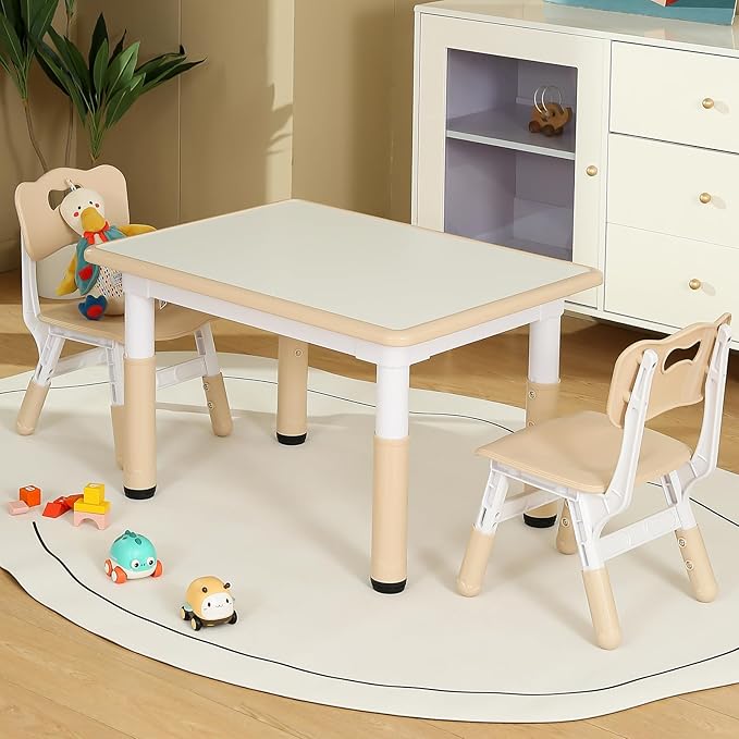 Kids Table and 2 Chair Set, Toddler Table and Chair Set Height Adjustable, 31.5''L x 23.6''W Multifunctional Kids Table for Reading, Drawing, Eating, for Ages 2-10, White Board + Beige