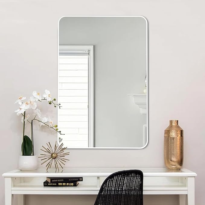 24x36 Inch White Framed Mirror for Bathroom, Rounded Coner Rectangle Mirrors for Wall with Tempered Glass Anti-Rust, Shatterproof Mirror (Horizontal/Vertical Hanging)
