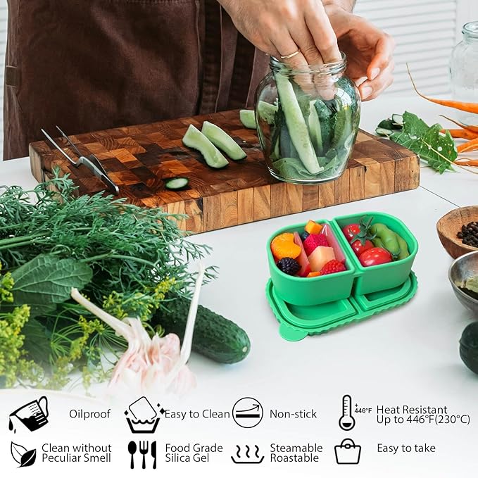 Silicone Reusable Snack Containers with Lids, 2 Compartment 8 oz Food Storage Containers Snackle Condiment Boxes Salad Dressing Sauce Seasoning Small Box for Travel Office Picnic 2 Pack Blue Pink