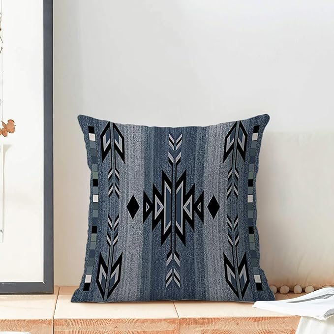 Boho Blue Carpet Throw Pillow Covers 18x18 Inch Set of 2, Rustic Tribal Decorative Throw Pillow Covers Antique Blue Linen Outdoor Cushion Cover for Sofa Couch Farmhouse Room Bed Decor