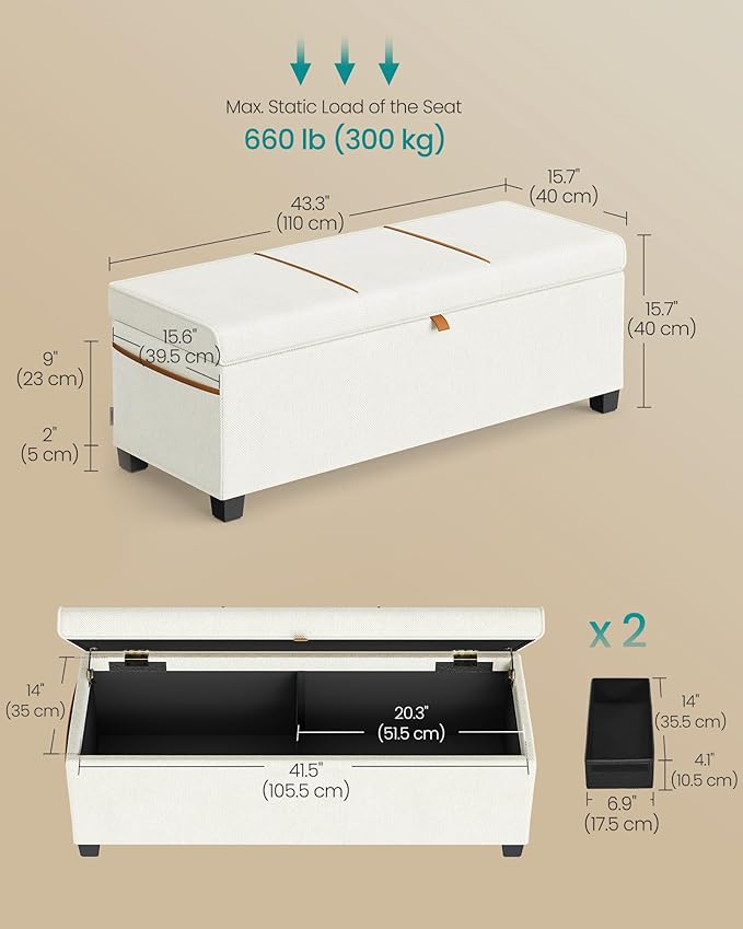 SONGMICS Storage Ottoman Bench, Storage Chest, 15.7 x 43.3 x 15.7 Inches, End of Bed Bench, 27 Gal. (103 L), for Bedroom, Entryway, Living Room, Cream White ULSF533W01