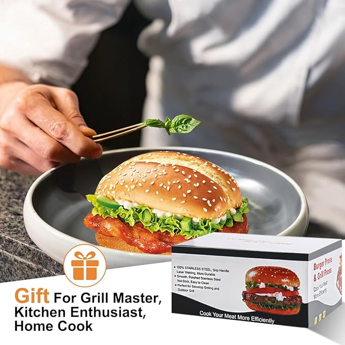 Smash Burger Press,Wood Handle -Anti Scald Non Stick Smooth, Stainless Steel Non Stick Grill Press,Ideal for Flat Top Griddle,Cookouts,Cooking,BBQ - Rectangle Kitchen Tool（5.51X2.95 Inch）