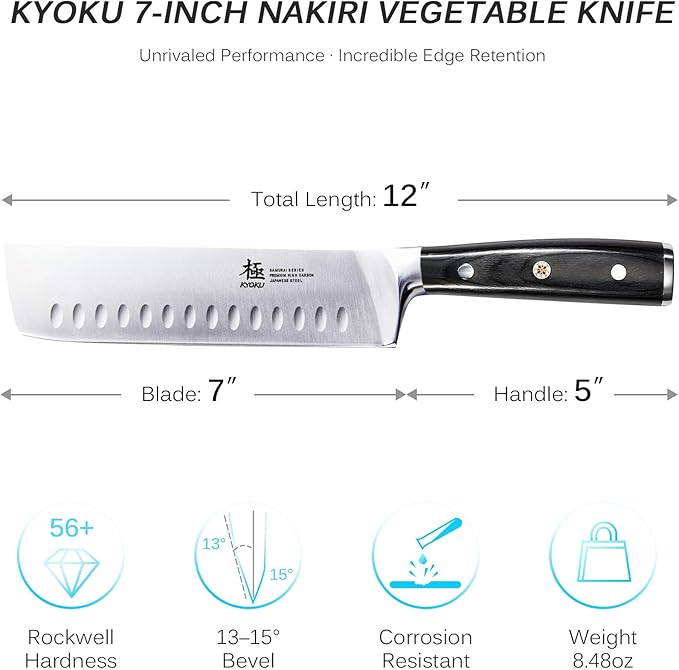 KYOKU Samurai Series - Nakiri Japanese Vegetable Knife 7" - Full Tang - Japanese High Carbon Steel Kitchen Knives - Pakkawood Handle with Mosaic Pin - with Sheath & Case