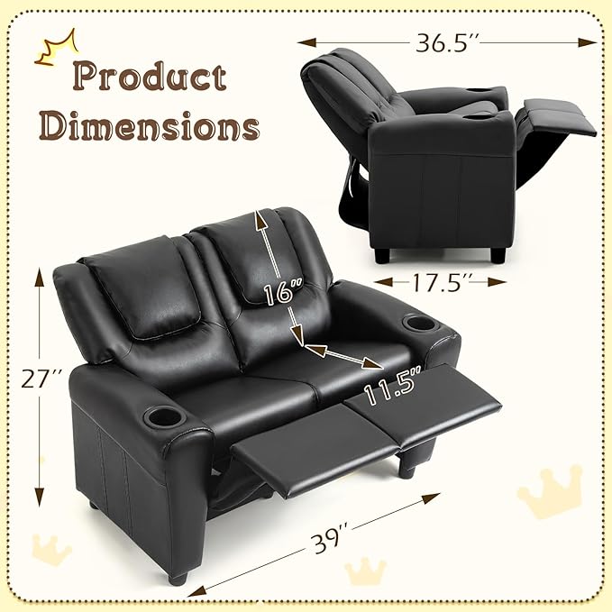 AVAWING Toddler Recliner, Double Kids Couch with Cup Holder, PU Leather Kids Sofa, Kids Loveseat w/Adjustable Footrest & Headrest for Boys and Girls 3+ Age Group, Classic Black