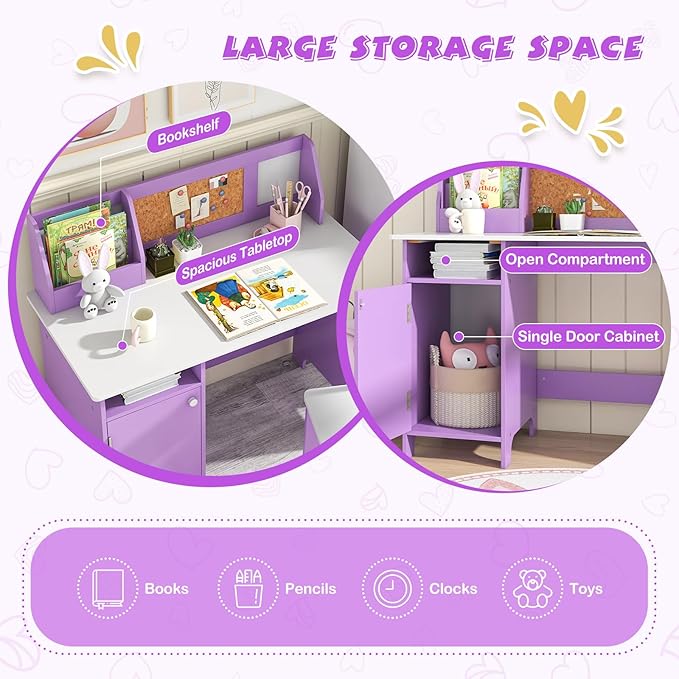 Costzon Kids Desk and Chair Set, Wooden Children Study Table with Storage, Hutch, Cork Bulletin Board, Whiteboard & Marker, Student Computer Workstation Writing Desk for Kids Bedroom, School, Purple