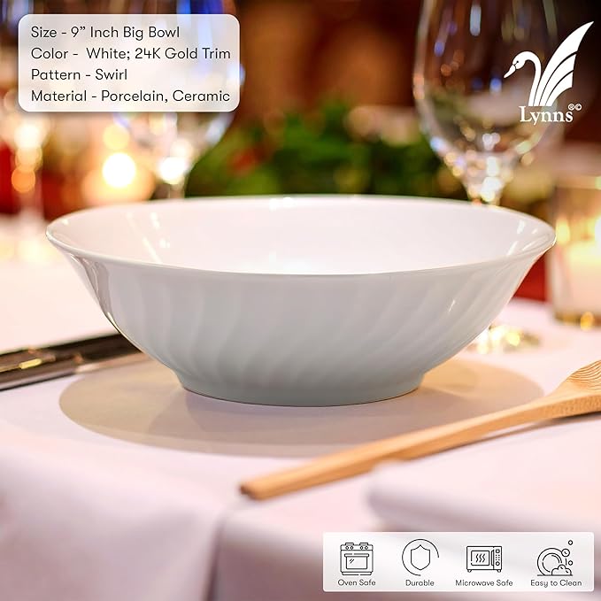 Lynns Paradise Imperial Gold 9-Inch Big Bowl, Set of 3, White; 24K Gold Trim, Embossed Swirl, Colorful Floral Print, Porcelain