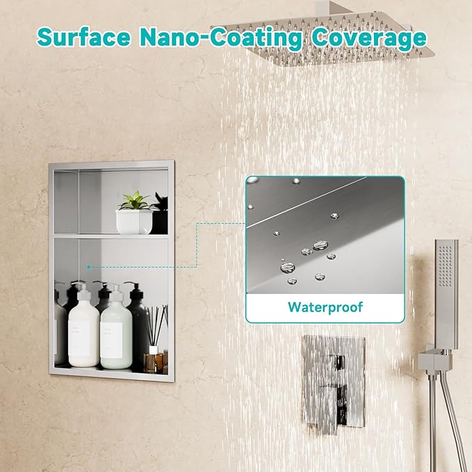 Brushed Nickel Stainless Steel Shower Niche 12" x 18" – Recessed 2-Tier Shower Shelf, 12"x12" Upper & 12"x6" Lower Storage, Waterproof & Rustproof, Modern Bathroom Wall Niche