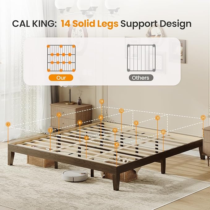 Cal King Size Wood Platform Bed Frame, 12 Inch Solid Wood Bed Frame with Wooden Slats, No Box Spring Needed, Easy Assembly,Espresso