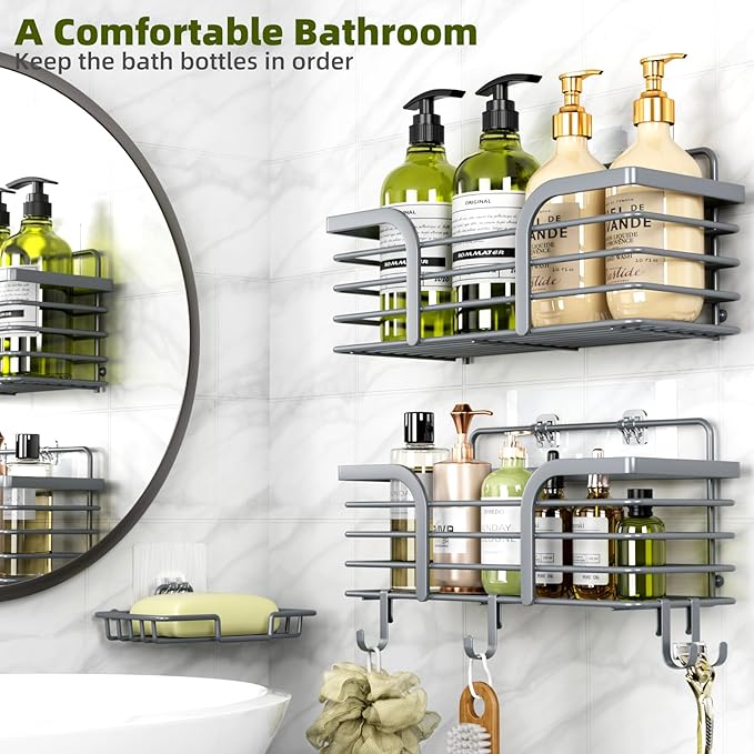 Yougai 3 Pack Shower Caddy Organizer Shelf Rack, Rustproof Corner Bathroom Storage Organization, Wall Mount Adhesive Shower Organizer With Soap Dish For Bathroom Storage&Home Decor&Kitchen-Dark Grey