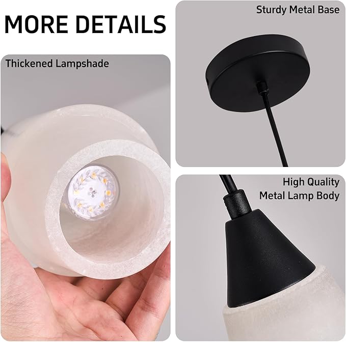 Natural Alabaster Pendant Lights Kitchen Island, H-7.87in White Pendant Light Fixtures, Light Pendant Marble Shade, for Bedroom Bathroom Dining Room Living Room