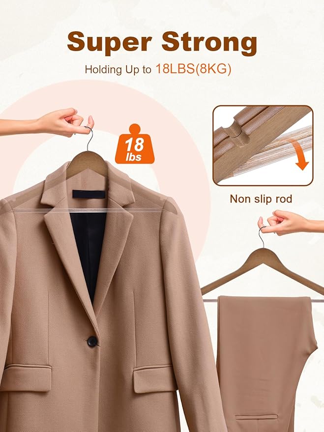 HOUSE DAY Walnut Wooden Hangers 30 Pack, Heavy Duty Wooden Coat Hanger for Closet, Solid Wood Hanger with Non Slip Pant Bar, Smooth Finish Wood Clothes Hangers for Shirts, Suits Jackets, Dress
