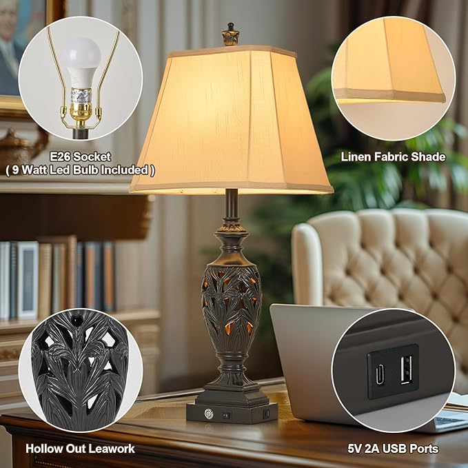 AIDENOEY 29.5" H Touch Traditional Table Lamp Set of 2,Vintage Bedside Nightstand Lamps with Dual USB and Night Light, 3-Color Hollow Out Leafwork Black Gold Finish Desk Lamps for Living Room,Bedroom