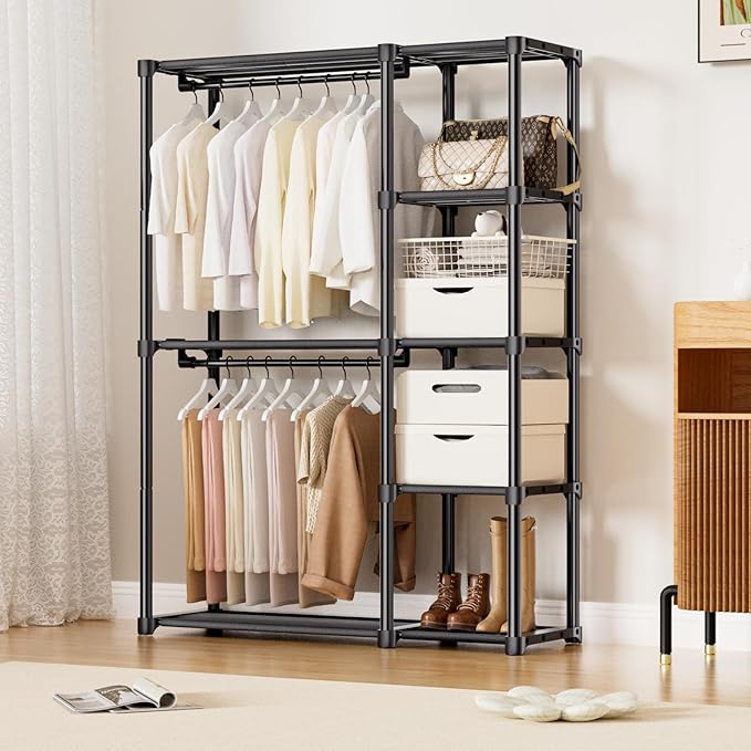 Mavivegue 4-Tier Portable Closet with Shelves & Hanging Rod - Portable Wardrobe Closet for Bedroom, Closet, Dorm - Easy Assembly Clothing Rack with Shelves for Clothes, Shoes, Accessories
