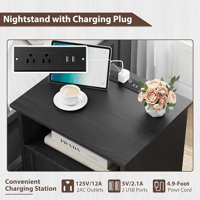 Farmhouse Nightstand with Charging Station, Black Wood Bedside Table & End Table with 2 Drawers and Unique Base Design, Side Table Storage Cabinet with Metal Handles for Bedroom, Living Room
