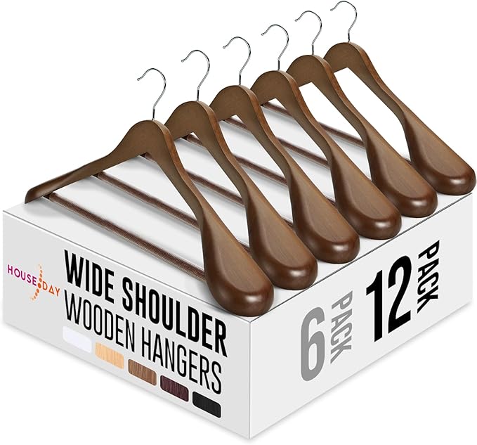 HOUSE DAY Wide Shoulder Wooden Hangers 12 Pack, Wood Suit Hangers for Men with Non Slip Pants Bar, Smooth Finish Solid Wood Coat Hanger for Jacket, Pants, Dress, Heavy Clothes Hanger (Walnut)