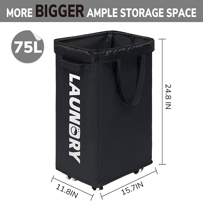Goodpick Laundry Basket with Wheels, 2-Pack 75L Rolling Laundry Hamper with Removable Wash Bags, Collapsible Laundry Basket for Corner Dorm, Black