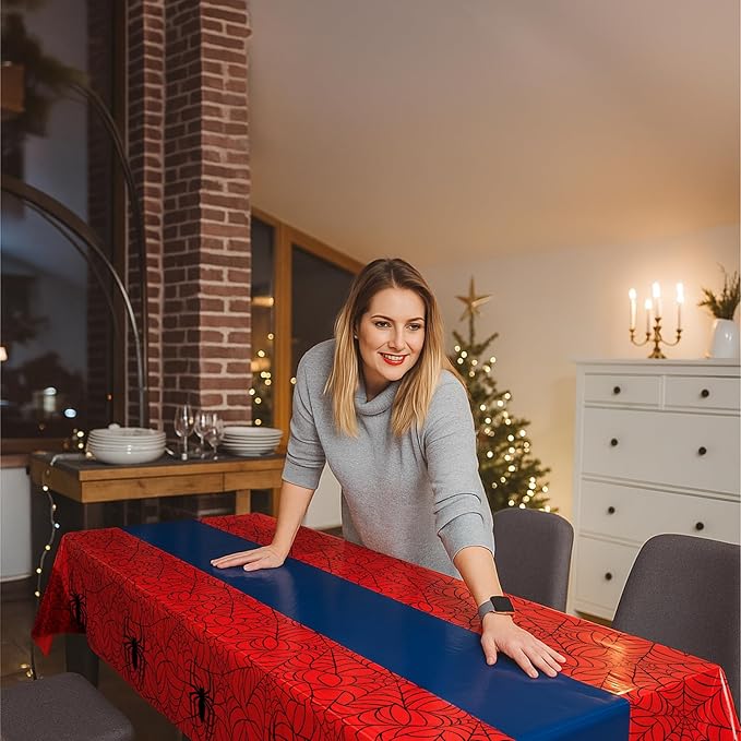 16Pcs 2in1 Spider Birthday Party Decorations Tablecloth, 54" x 108" Super Hero Table Cloth Disposable Rectangle Plastic Table Cover for Kids Baby Shower Wedding Party Supplies