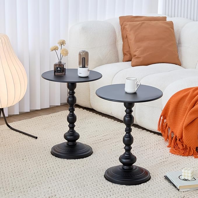Elegant Vintage Round Side Table with Roman Columns - Sturdy Metal Design, Perfect as a Coffee, End, Tea, or Leisure Table for Living Room and Bedroom Decor,(Black+Black 1pack)