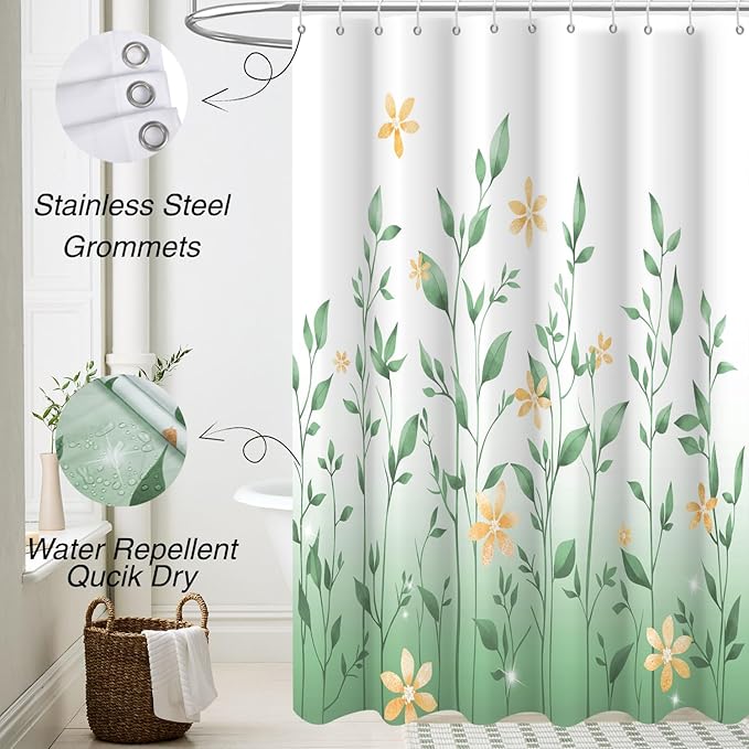 Eucalyptus Shower Curtain, Ombre Floral Leaves Plant Washable Fabric Bath Decor with 12 Hooks 72x72 inches, Mint Green